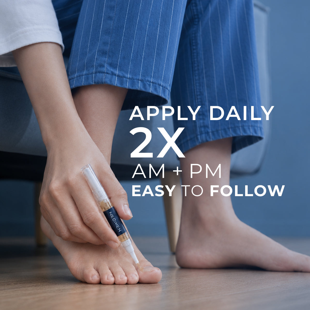 Applying a Neomen nail pen to a toenail, morning and evening