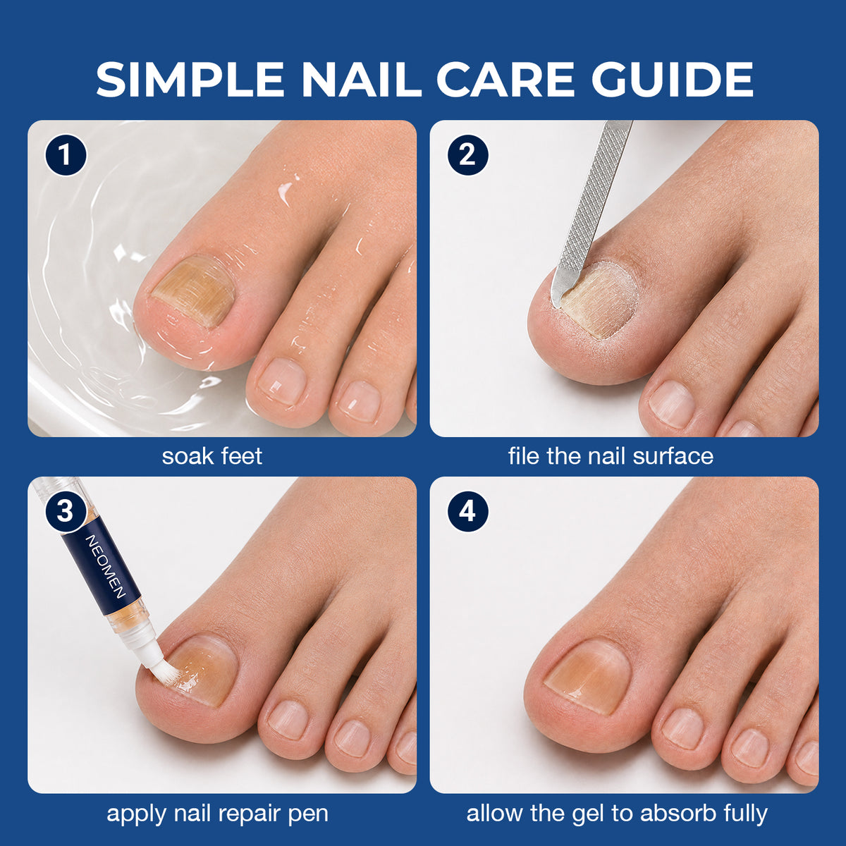 Four-step nail care guide: soak feet, file the nail surface, apply the pen, let the gel absorb