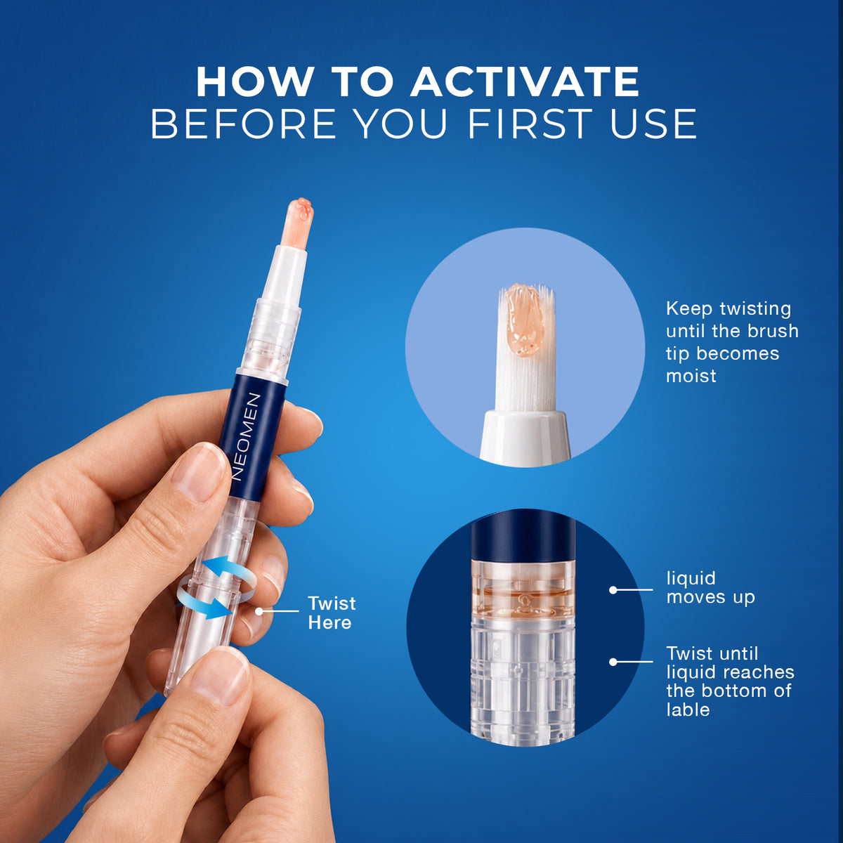 How to activate a Neomen nail pen before first use: twist the base until the brush tip is moist